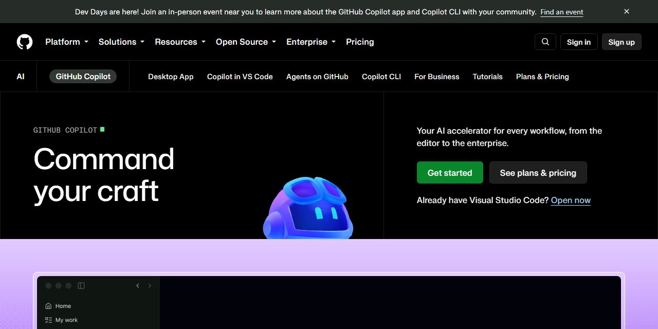 Первый экран сайта GitHub Copilot