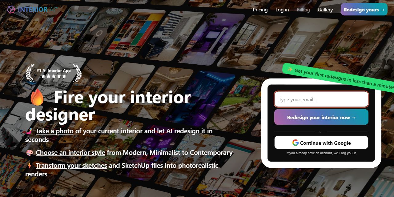 Первый экран сайта Interior AI
